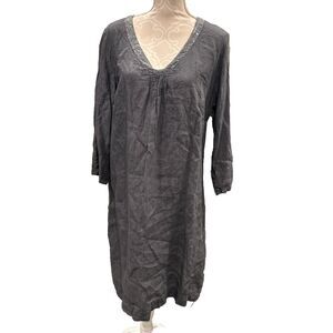 Cut Loose Gray Sequin V-Neck 100% Linen Dress Womens Size Small Lagenlook